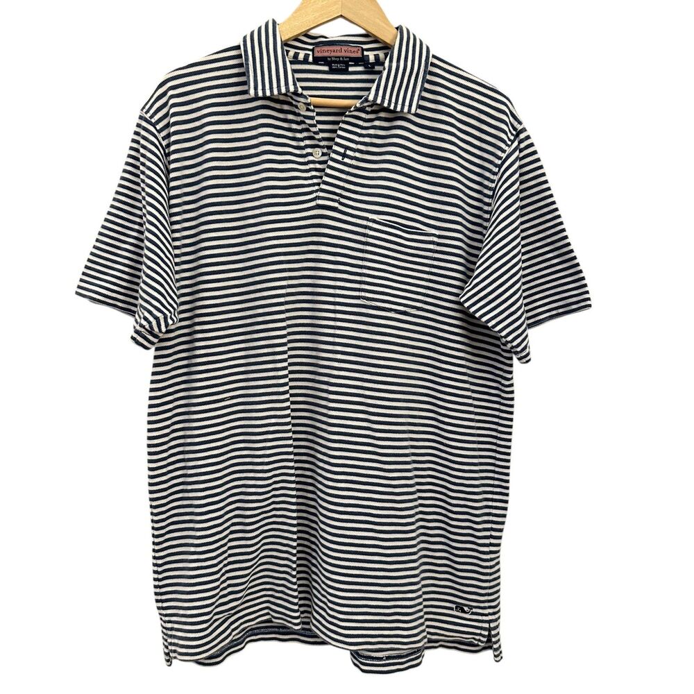 Vineyard Vines Men's Blue and White Stripe Nautical Cotton Polo Shirt Size L